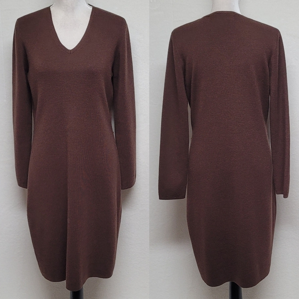 Vintage Valerie Stevens Chocolate Brown Wool Knit V-neck Long Sleeve Midi Dress